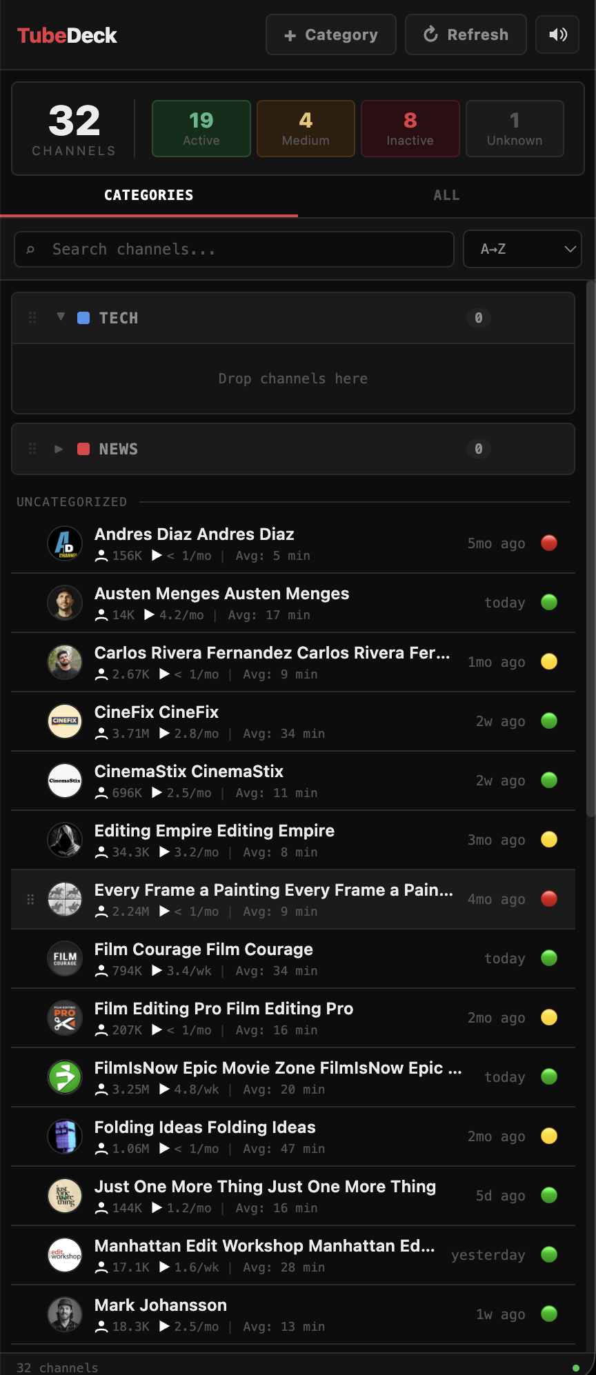 TubeDeck dashboard